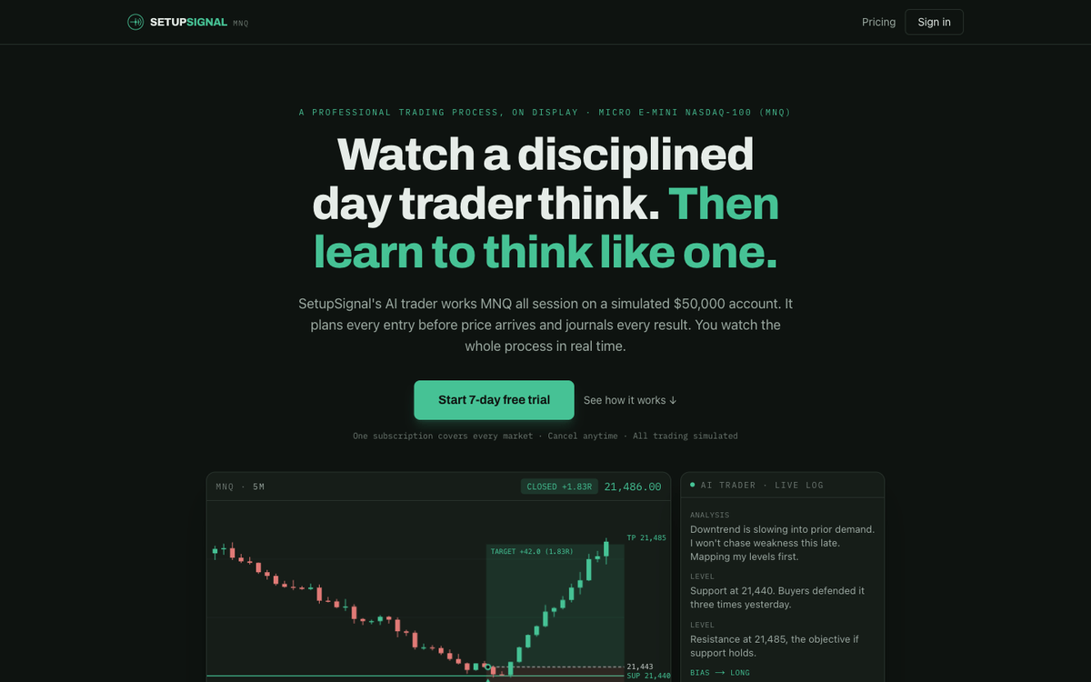 SetupSignal landing page for the AI paper trading journal